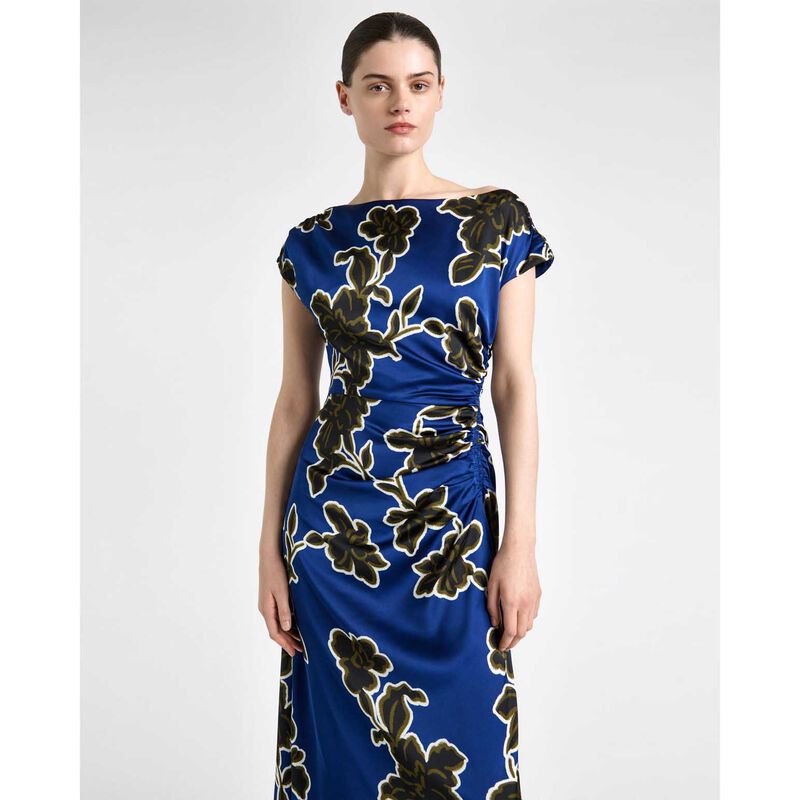 Cue Cobalt Illustrated Floral Satin Draped Midi Dress image number 3